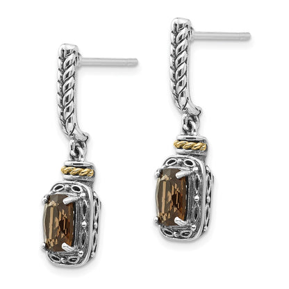 14K/Silver Two Tone Shey Couture Sterling Silver With 14K Accent Antiqued Cushion Smoky Quartz Post Dangle Earrings