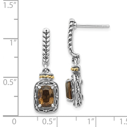 14K/Silver Two Tone Shey Couture Sterling Silver With 14K Accent Antiqued Cushion Smoky Quartz Post Dangle Earrings