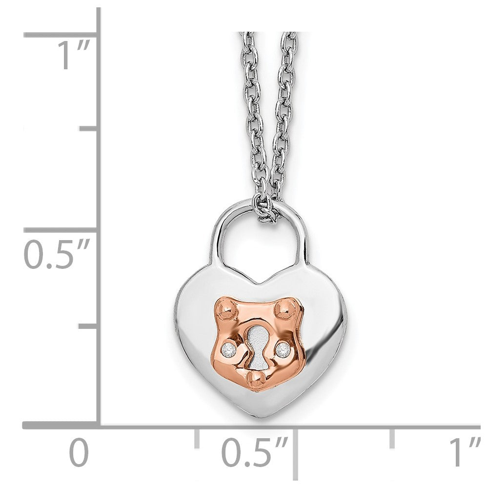 Sterling Silver White Ice Rhodium-Plated Rose-Tone 18 Inch Diamond Heart Necklace With 2 Extender