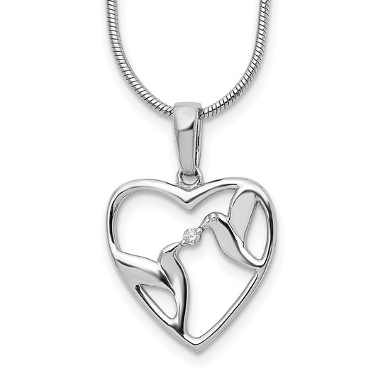 Sterling Silver White Ice Rhodium-Plated 18 Inch Diamond Bird And Heart Necklace With 2 Extender