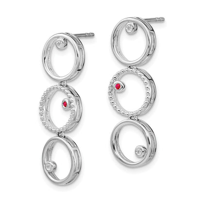 Sterling Silver White Ice Rhodium-Plated Diamond And Ruby Post Drop Earrings