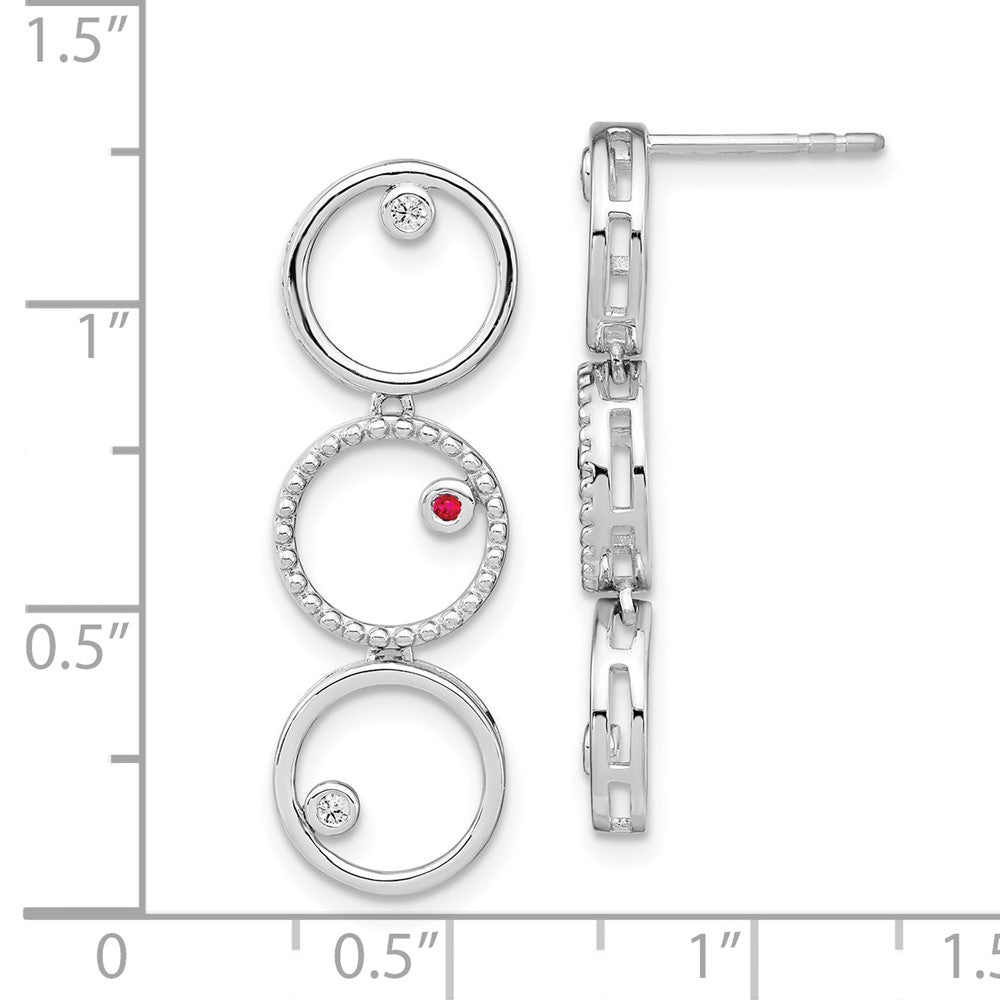 Sterling Silver White Ice Rhodium-Plated Diamond And Ruby Post Drop Earrings