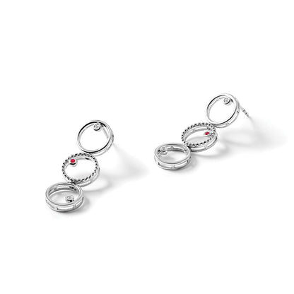 Sterling Silver White Ice Rhodium-Plated Diamond And Ruby Post Drop Earrings