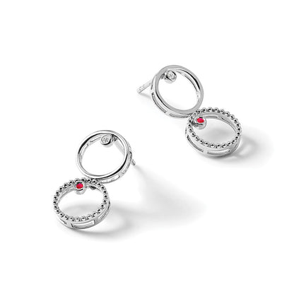 Sterling Silver White Ice Rhodium-Plated Diamond And Ruby Post Drop Earrings