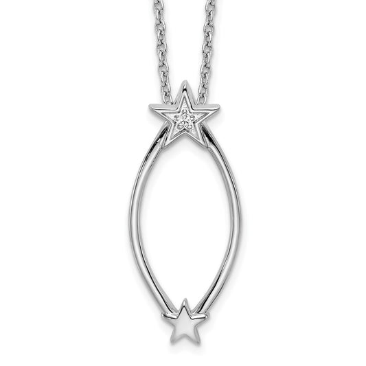 Sterling Silver White Ice Rhodium-Plated 18 Inch Diamond Stars Necklace With 2 Extender