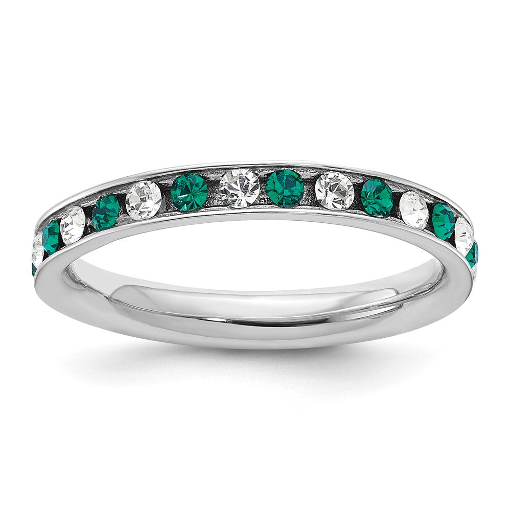 Sterling Silver Rhodium Plated Green And White Crystal Eternity Band