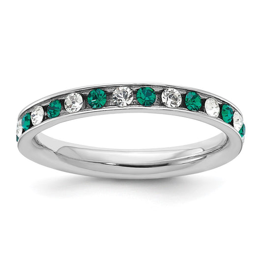 Sterling Silver Rhodium Plated Green And White Crystal Eternity Band