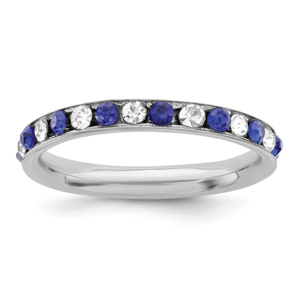 Sterling Silver Rhodium Plated Blue And White Crystal Eternity Band