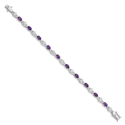 7 Inch Sterling Silver Rhodium-Plated Amethyst & Cz Bracelet