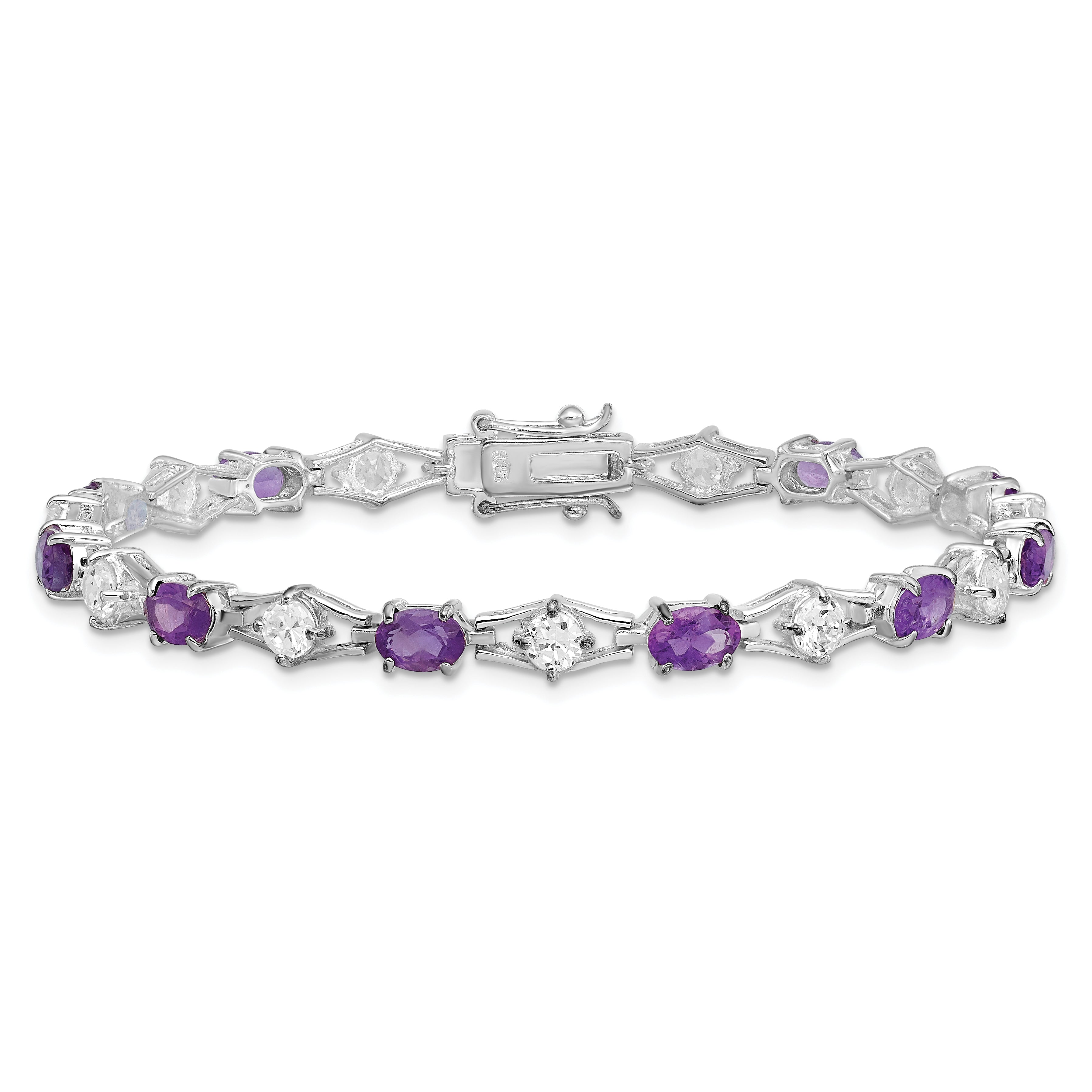 7 Inch Sterling Silver Rhodium-Plated Amethyst & Cz Bracelet