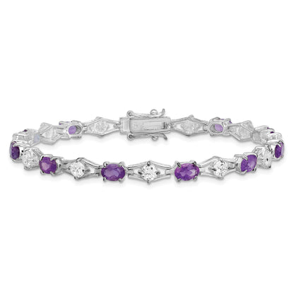7 Inch Sterling Silver Rhodium-Plated Amethyst & Cz Bracelet