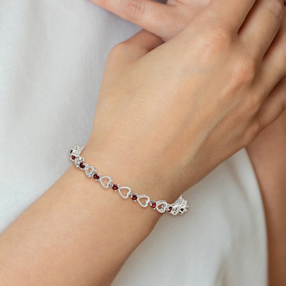 7 Inch Sterling Silver Rhodium-Plated Garnet Heart Bracelet