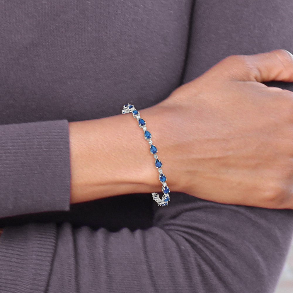 7 Inch Sterling Silver Rhodium-Plated Blue And Clear Cz Bracelet