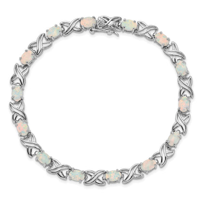 Sterling Silver Rhodium Plated 8.5 Inch Created Opal Xo Bracelet