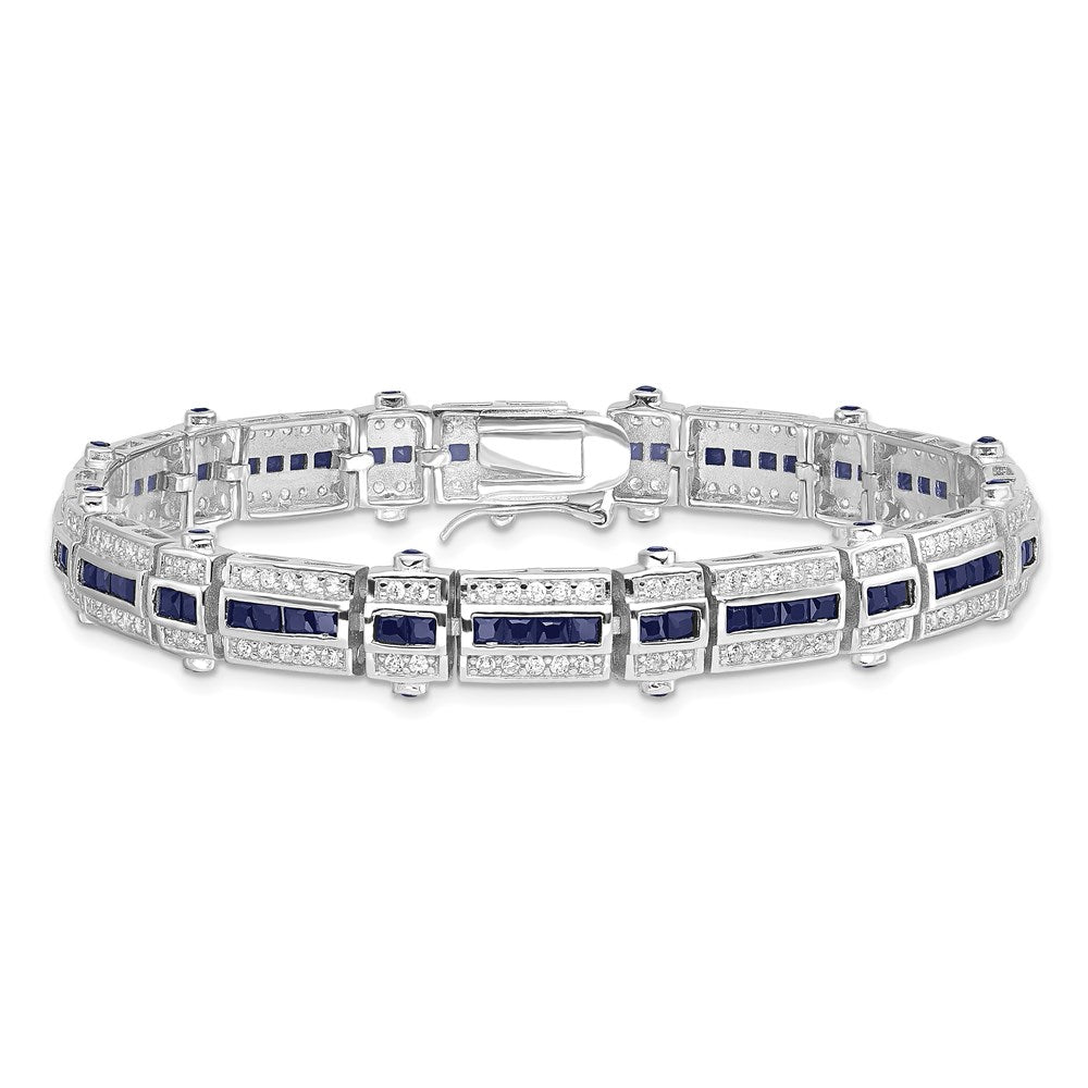7 Inch Sterling Silver Rhodium-Plated Sapphire & Cz Bracelet