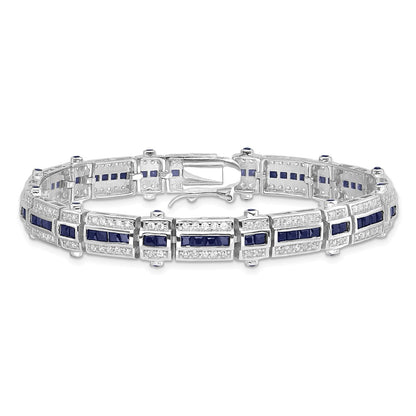 7 Inch Sterling Silver Rhodium-Plated Sapphire & Cz Bracelet