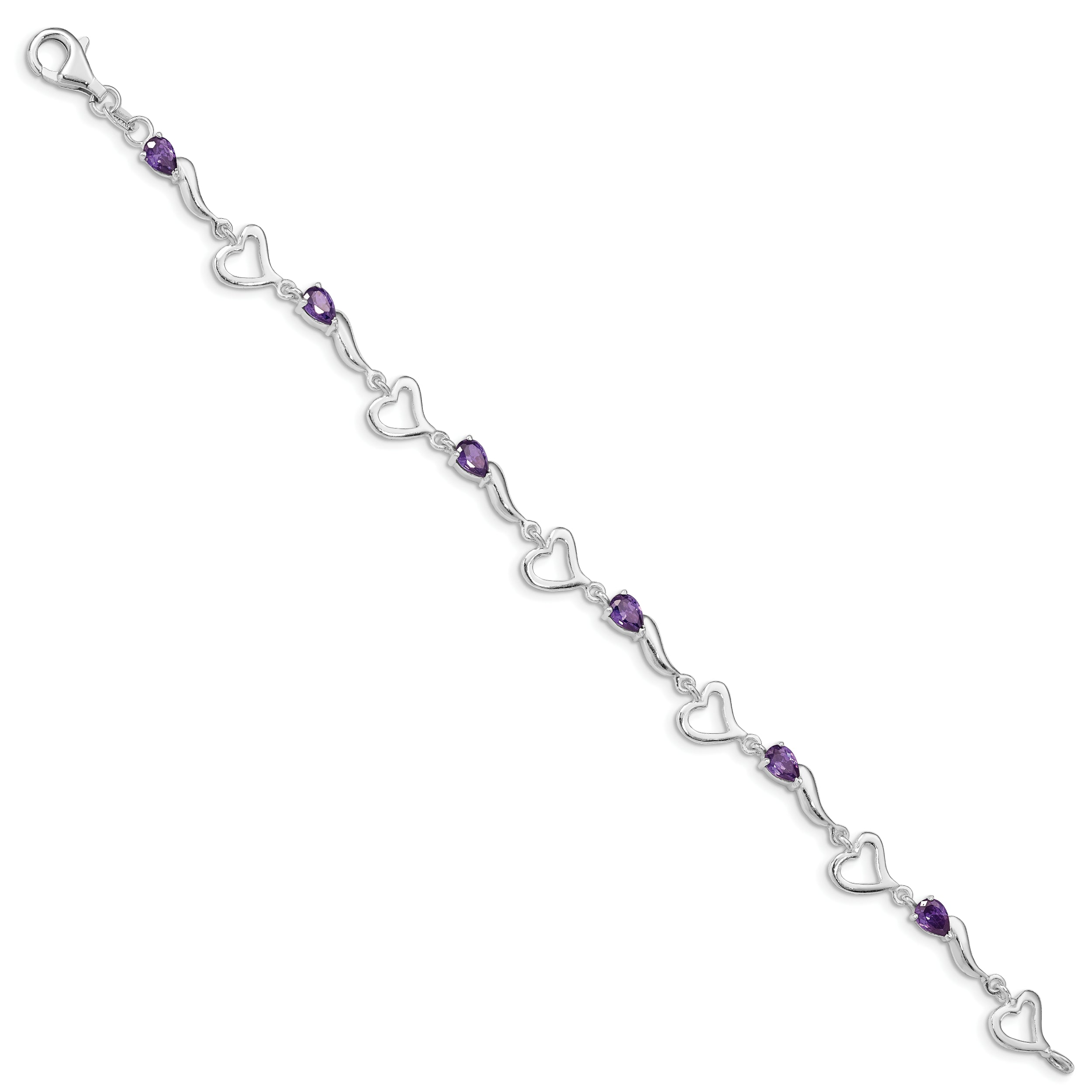 7 Inch Sterling Silver Rhodium-Plated Amethyst Polished Fancy Heart Bracelet