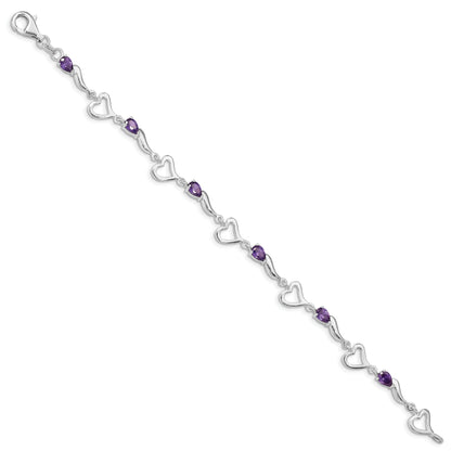 7 Inch Sterling Silver Rhodium-Plated Amethyst Polished Fancy Heart Bracelet