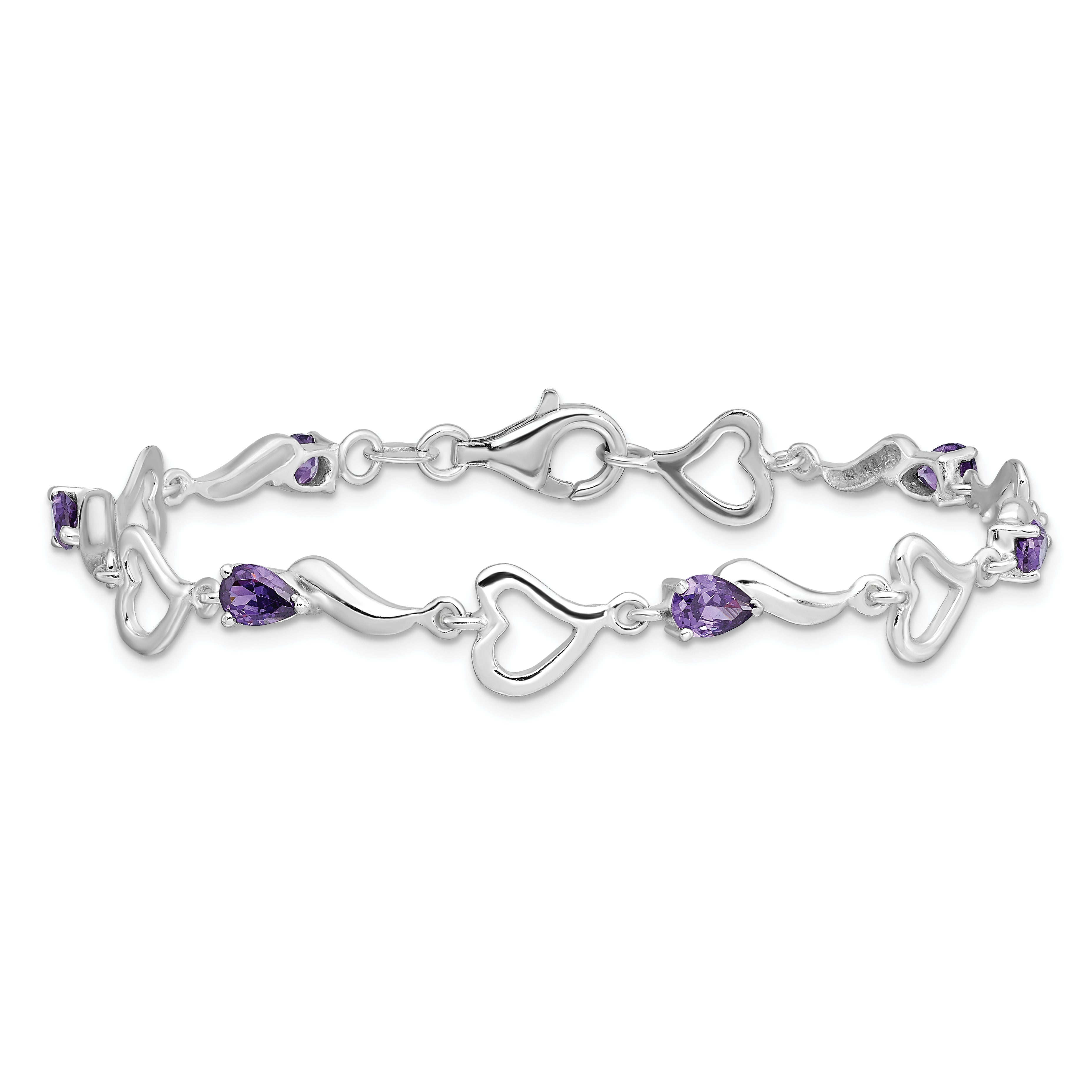 7 Inch Sterling Silver Rhodium-Plated Amethyst Polished Fancy Heart Bracelet