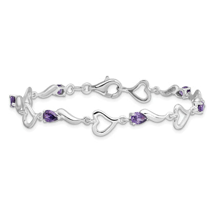 7 Inch Sterling Silver Rhodium-Plated Amethyst Polished Fancy Heart Bracelet