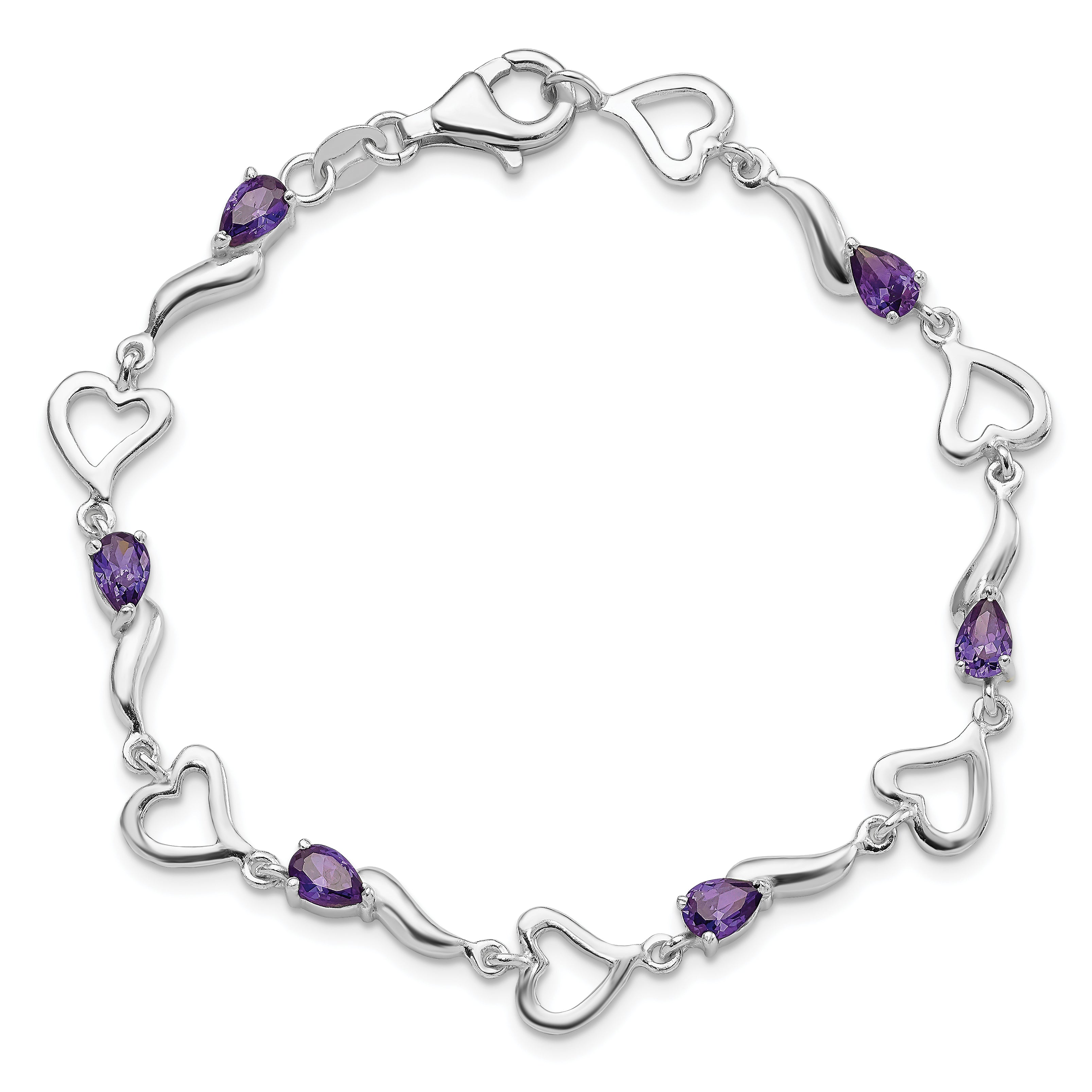 7 Inch Sterling Silver Rhodium-Plated Amethyst Polished Fancy Heart Bracelet