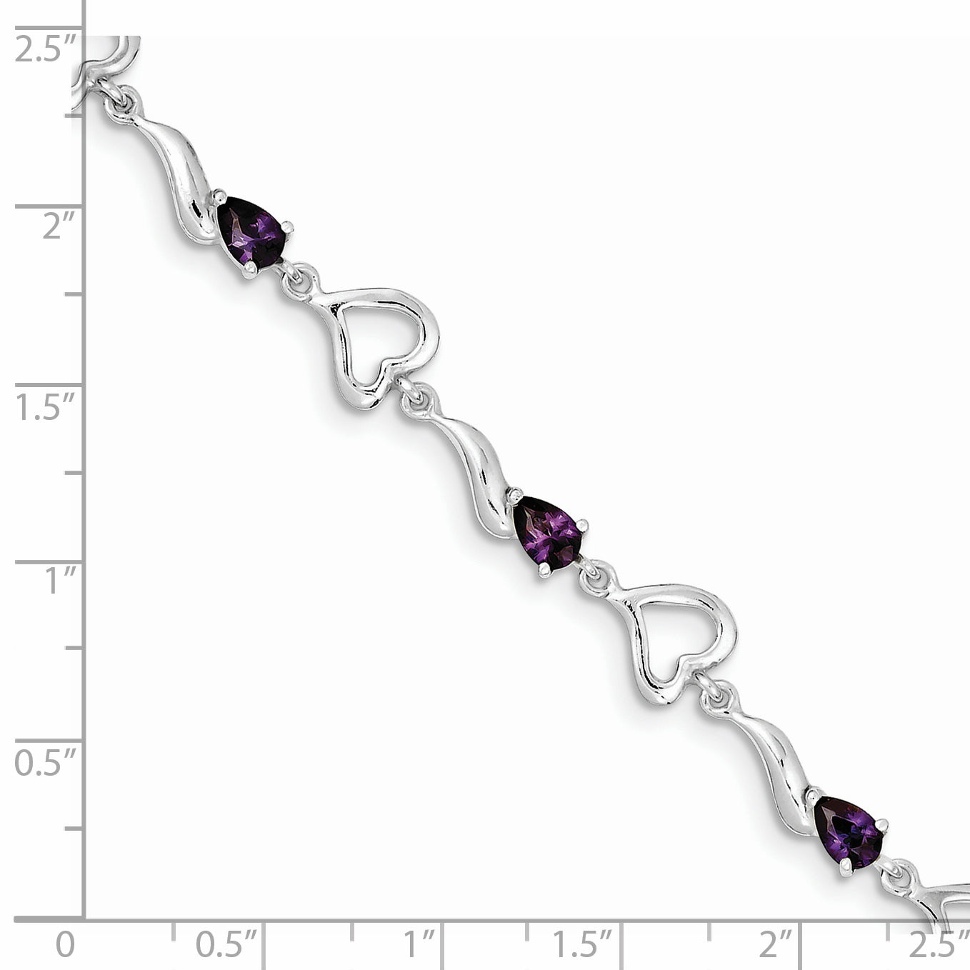 7 Inch Sterling Silver Rhodium-Plated Amethyst Polished Fancy Heart Bracelet