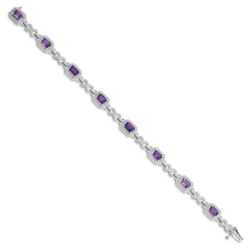 7 Inch Sterling Silver Rhodium-Plated Diamond & Amethyst Bracelet