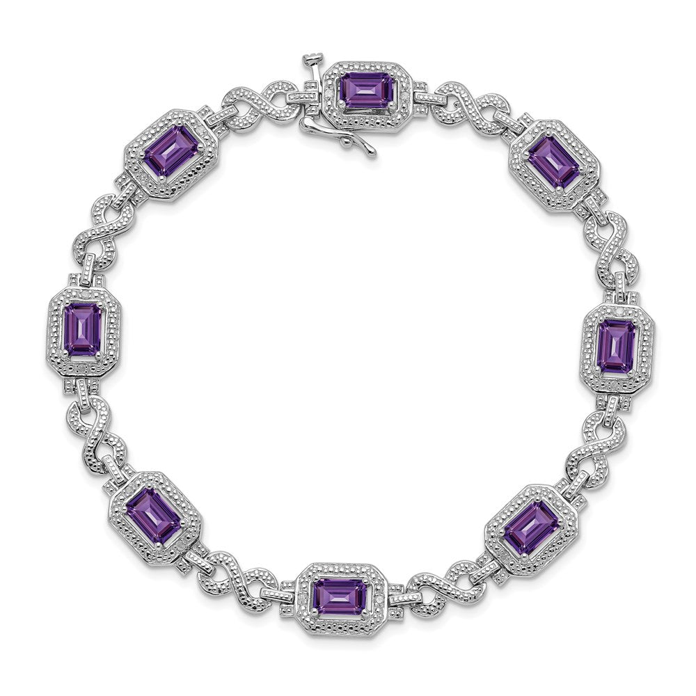 7 Inch Sterling Silver Rhodium-Plated Diamond & Amethyst Bracelet