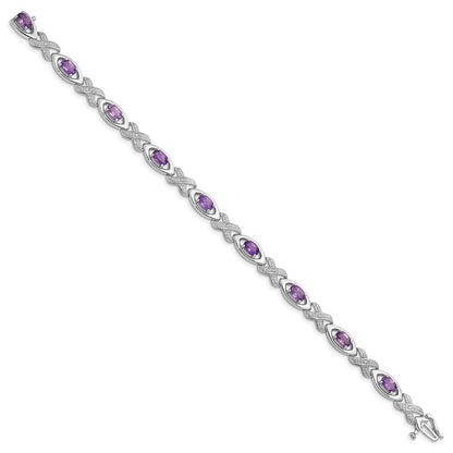 7.5 Inch Sterling Silver Rhodium-Plated Diamond & Amethyst Bracelet