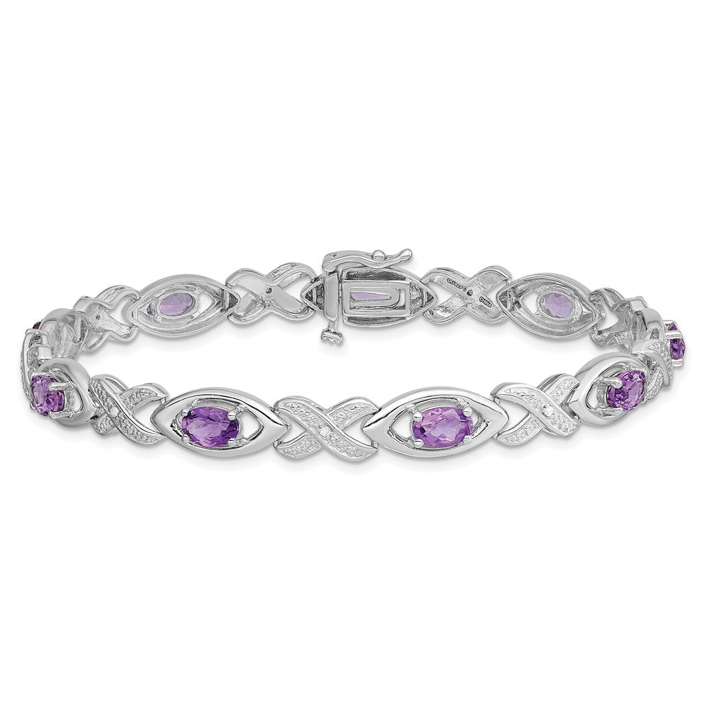 7.5 Inch Sterling Silver Rhodium-Plated Diamond & Amethyst Bracelet