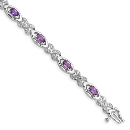 7.5 Inch Sterling Silver Rhodium-Plated Diamond & Amethyst Bracelet