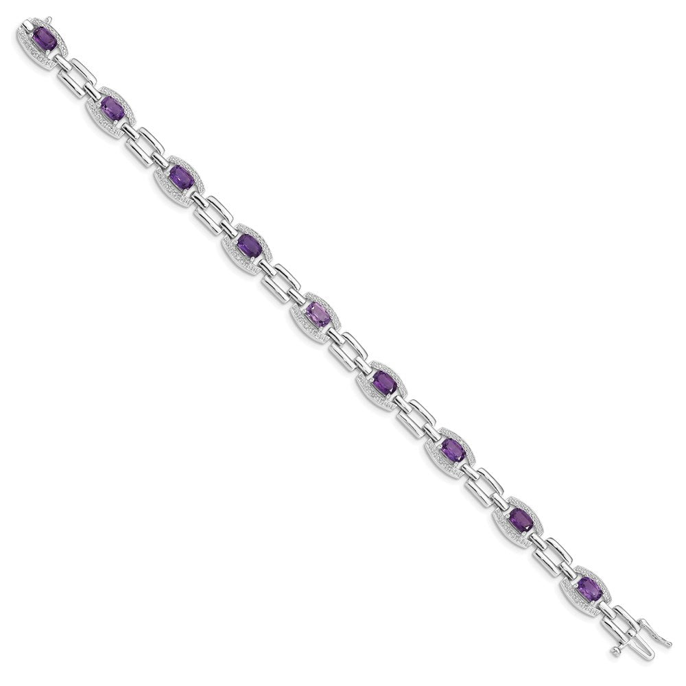 7 Inch Sterling Silver Rhodium-Plated Diamond & Amethyst Bracelet