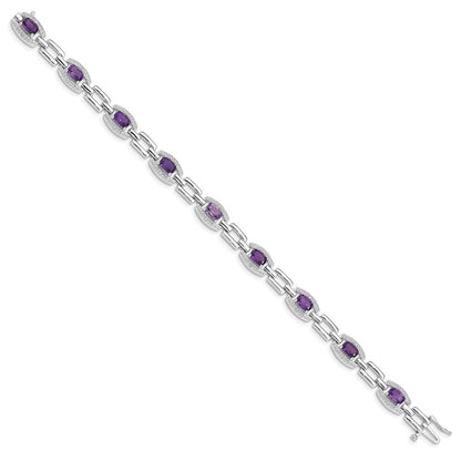 7 Inch Sterling Silver Rhodium-Plated Diamond & Amethyst Bracelet