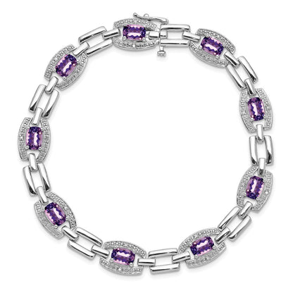 7 Inch Sterling Silver Rhodium-Plated Diamond & Amethyst Bracelet