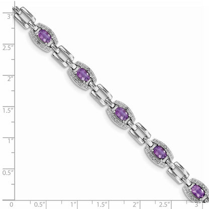 7 Inch Sterling Silver Rhodium-Plated Diamond & Amethyst Bracelet