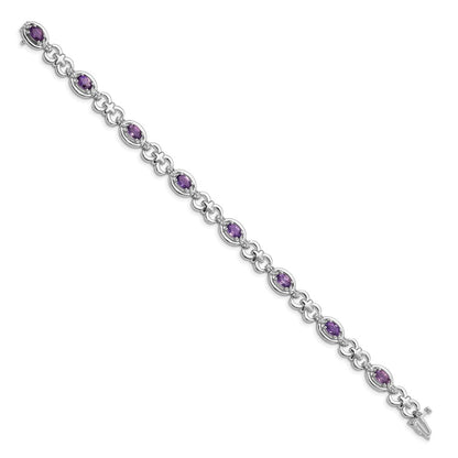 7 Inch Sterling Silver Rhodium-Plated Diamond & Amethyst Bracelet