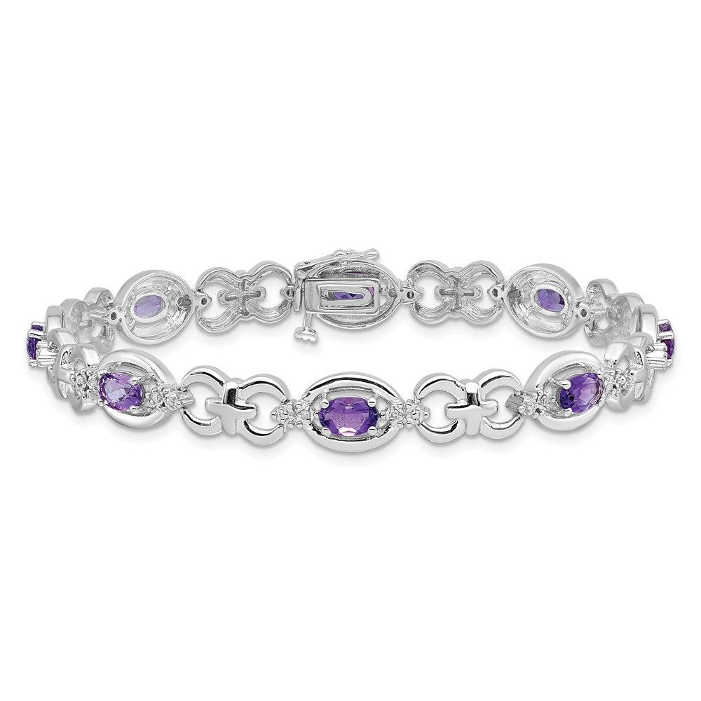 7 Inch Sterling Silver Rhodium-Plated Diamond & Amethyst Bracelet
