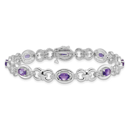 7 Inch Sterling Silver Rhodium-Plated Diamond & Amethyst Bracelet