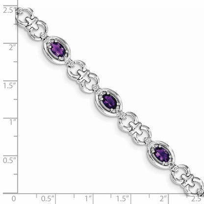 7 Inch Sterling Silver Rhodium-Plated Diamond & Amethyst Bracelet