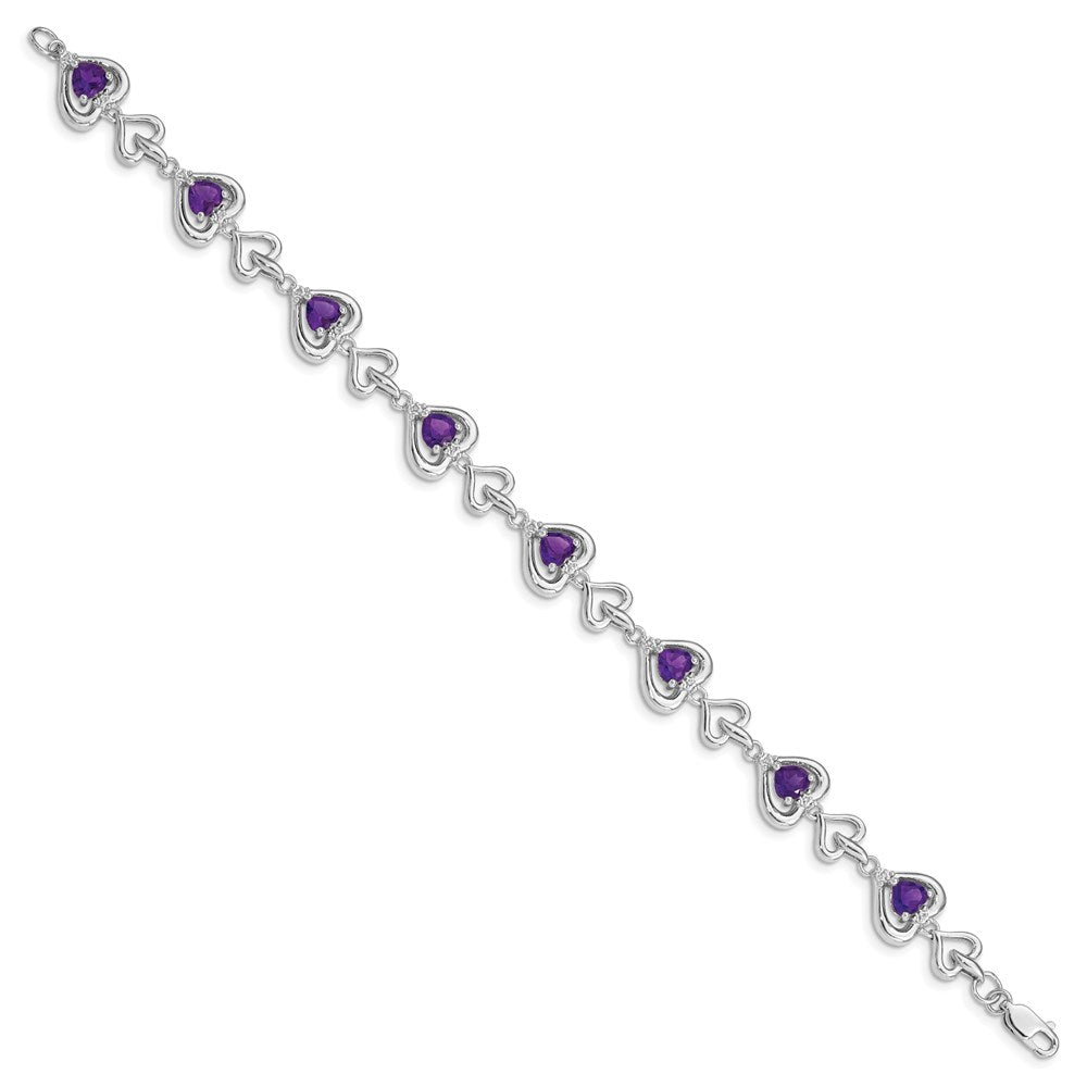7 Inch Sterling Silver Rhodium-Plated Diamond & Heart Link Amethyst Bracelet