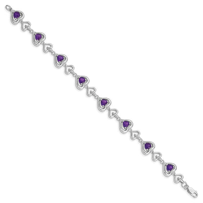 7 Inch Sterling Silver Rhodium-Plated Diamond & Heart Link Amethyst Bracelet