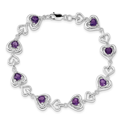 7 Inch Sterling Silver Rhodium-Plated Diamond & Heart Link Amethyst Bracelet