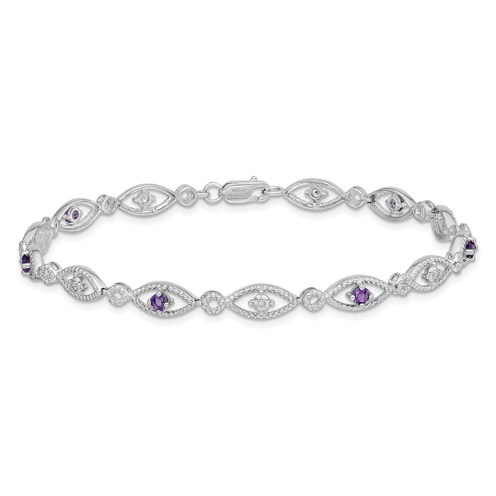 7 Inch Sterling Silver Rhodium-Plated Amethyst Diamond Bracelet