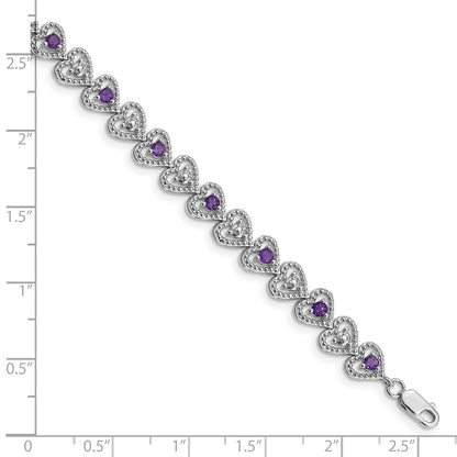 7 Inch Sterling Silver Rhodium-Plated Amethyst Diamond Bracelet