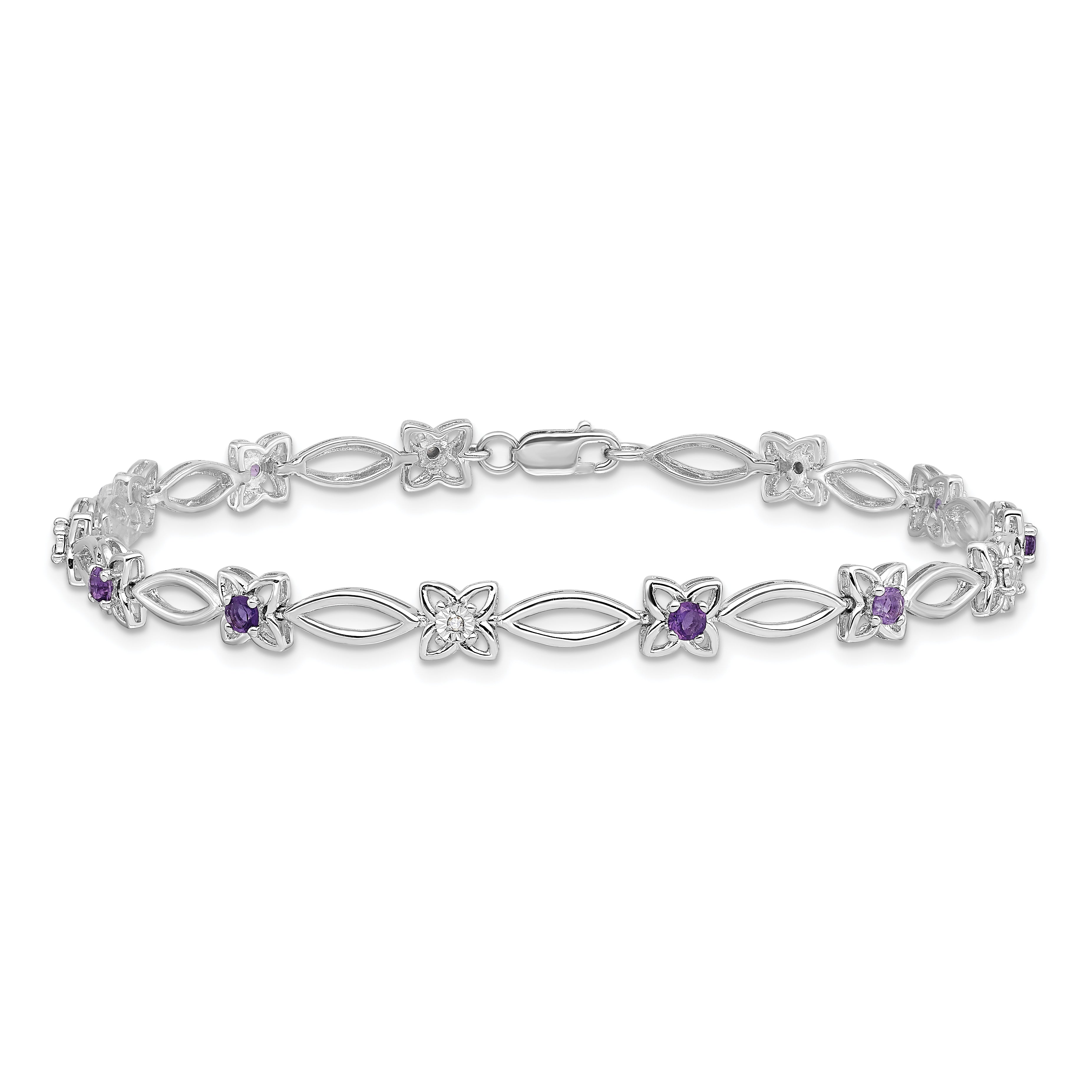 7 Inch Sterling Silver Rhodium-Plated Amethyst & Diamond Bracelet