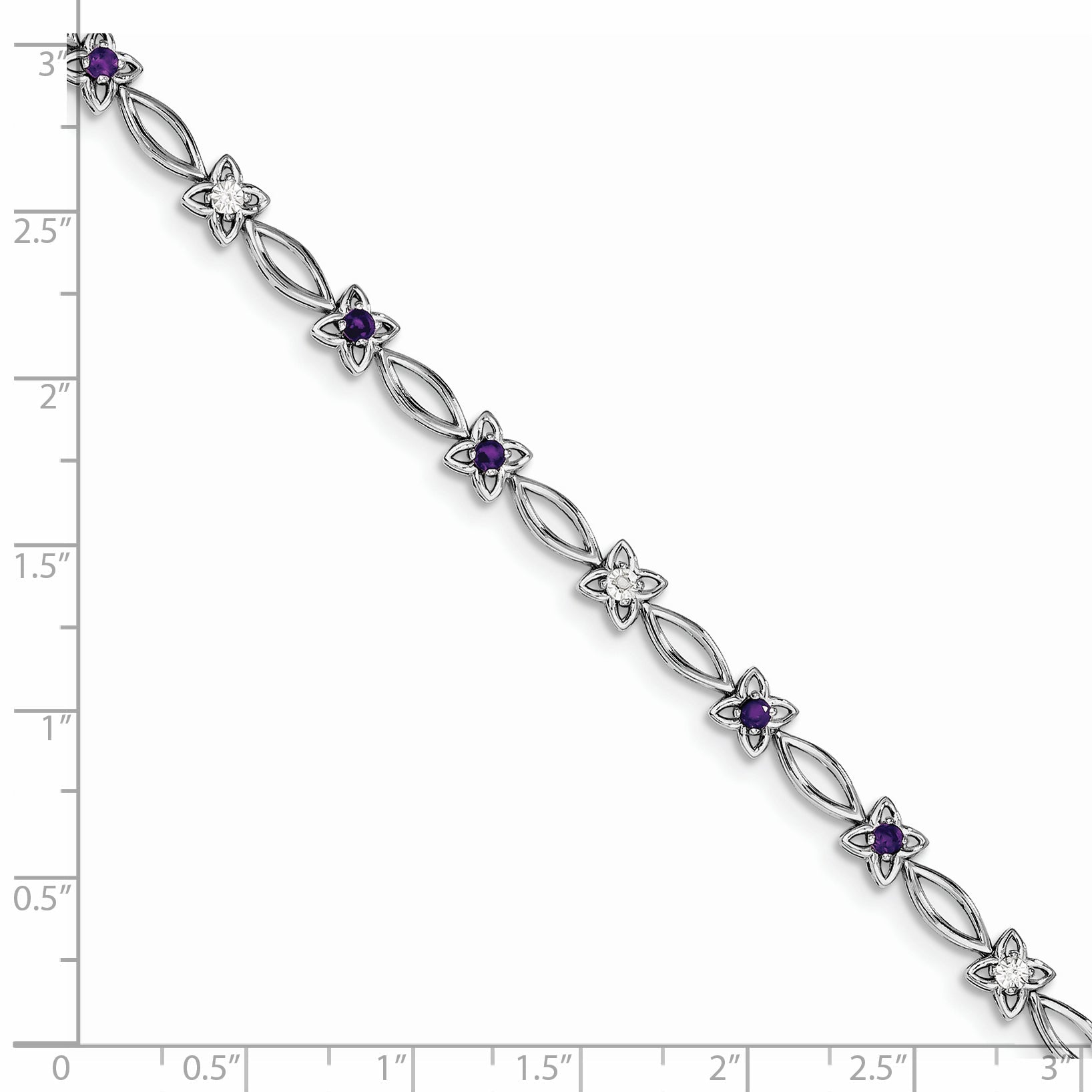 7 Inch Sterling Silver Rhodium-Plated Amethyst & Diamond Bracelet