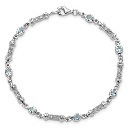 7 Inch Sterling Silver Rhodium-Plated Aquamarine And Diamond Bracelet