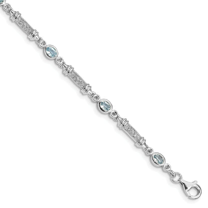 7 Inch Sterling Silver Rhodium-Plated Aquamarine And Diamond Bracelet