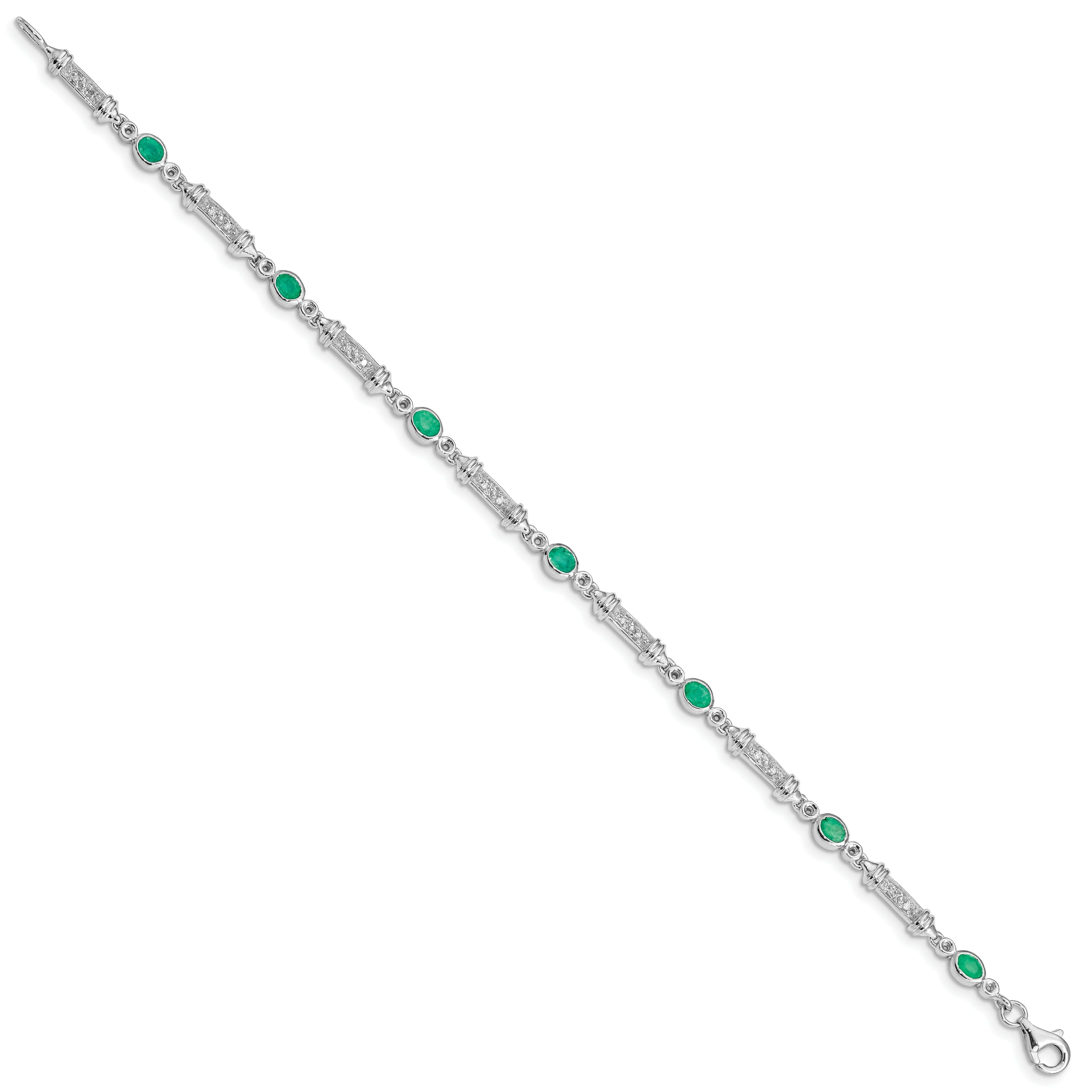 7 Inch Sterling Silver Rhodium-Plated Emerald And Diamond Bracelet