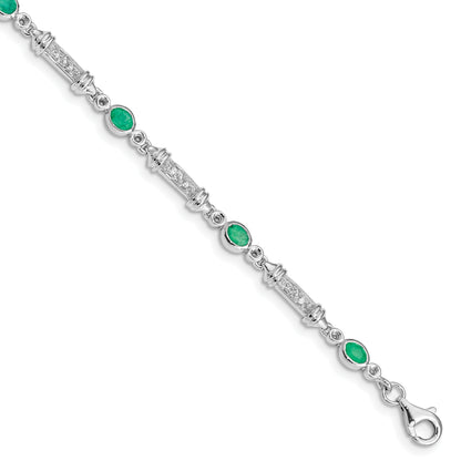 7 Inch Sterling Silver Rhodium-Plated Emerald And Diamond Bracelet